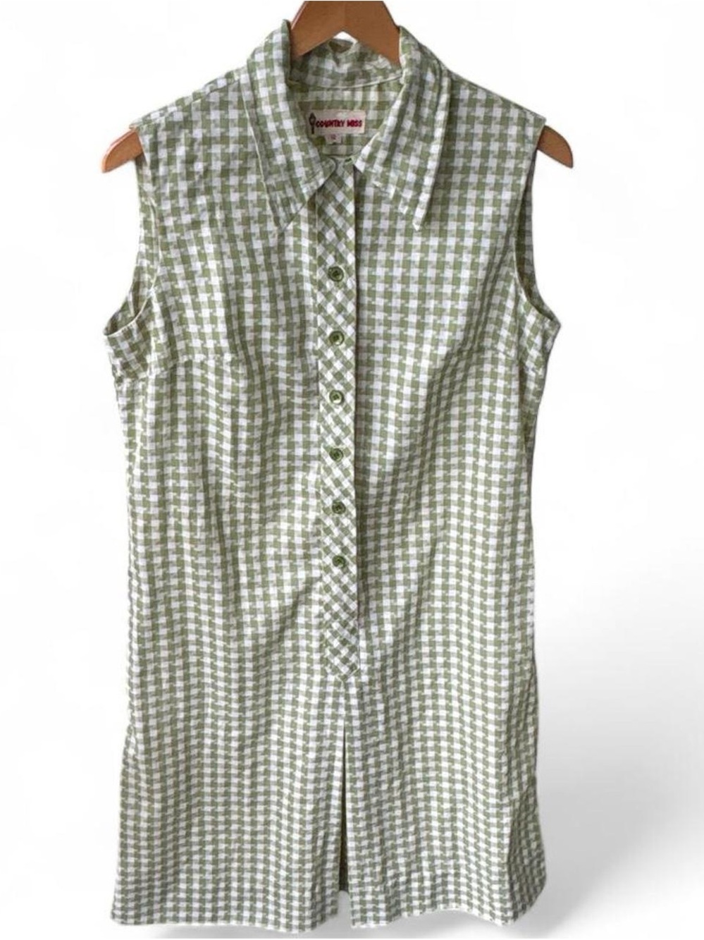 Vintage Country Miss Sleeveless Green Houndstooth Button-Front Picnic Dress 12